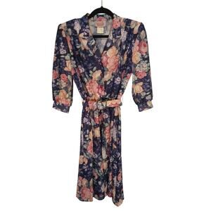 VTG California Looks Dress Woman SZ 6P Floral Blue Green Belted CottageCore B15